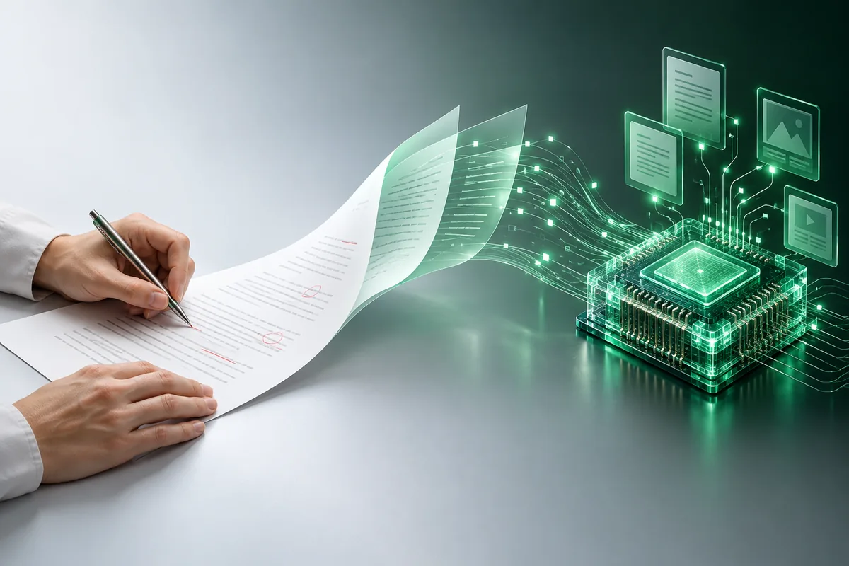 Conceptual illustration: hands review a translation on paper as it transforms into digital documents and data streams connected to an AI processor.