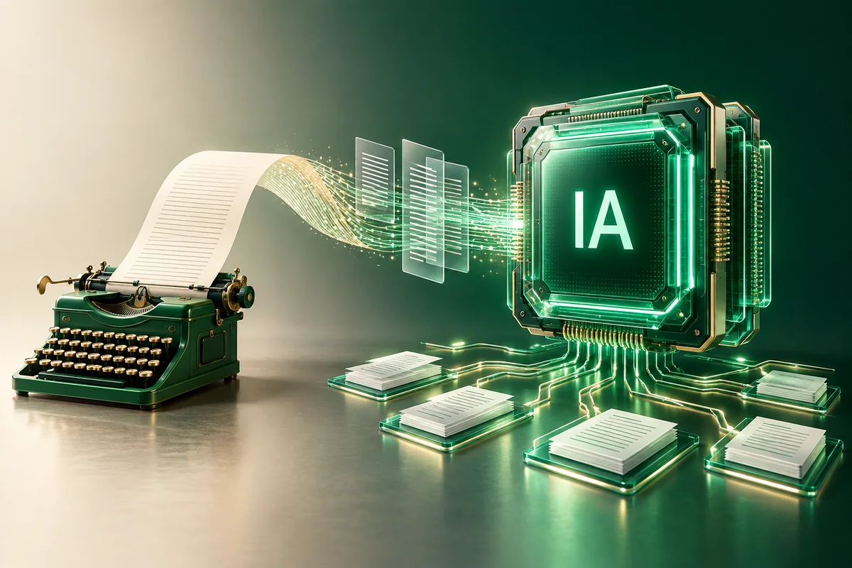An illustration of translation evolving: a typewriter transforms paper into digital documents and data streams, culminating in a large illuminated artificial-intelligence processor connected to multiple document outputs.