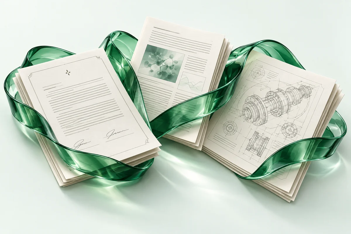 Composição ilustrativa de documentos jurídicos, científicos e técnicos unidos por um fluxo verde translúcido, representando a conexão entre especialidades e tecnologia.